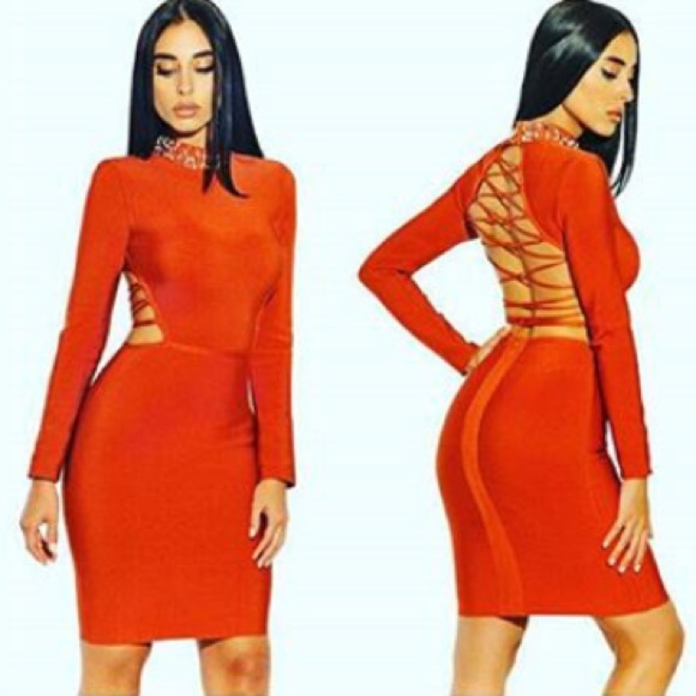 Sexy lace up back orange bandage dress